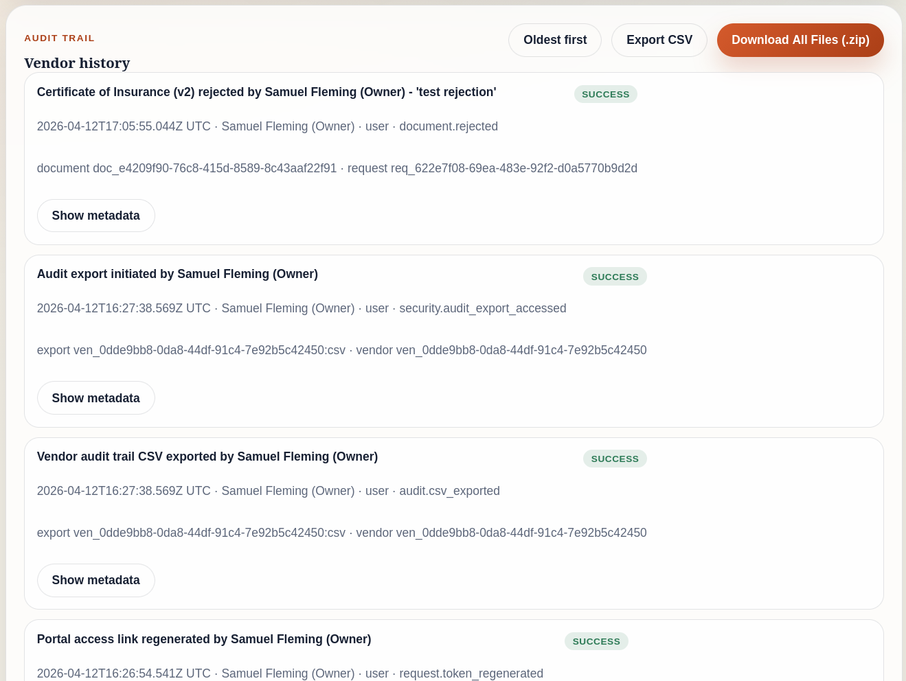 Audit trail on a vendor detail page showing a timestamped record of every compliance action — uploads, approvals, rejections, and document versions