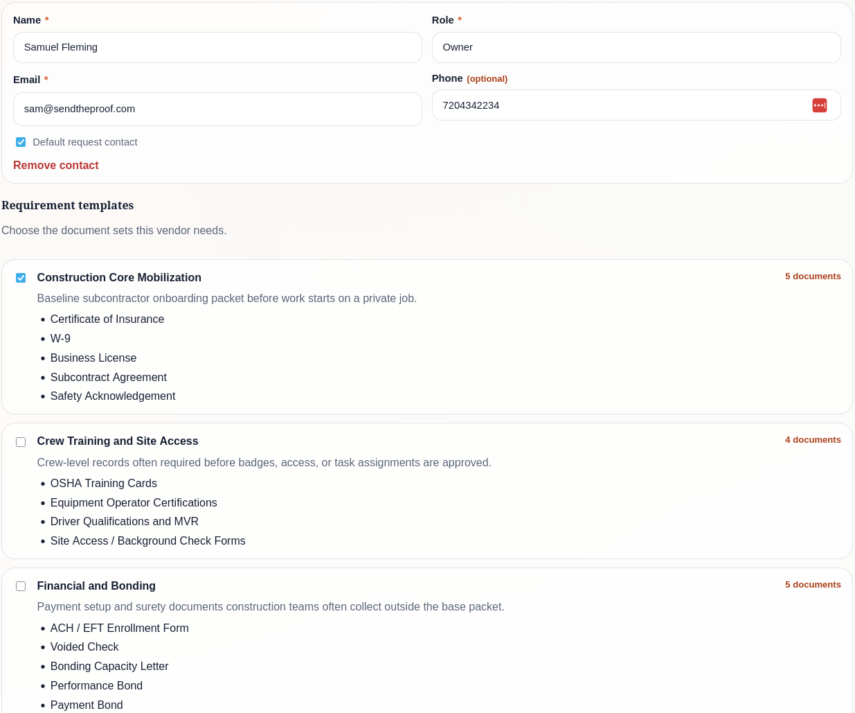 Add vendor form showing vendor name field and document type checkboxes for COI, W-9, license, and endorsement