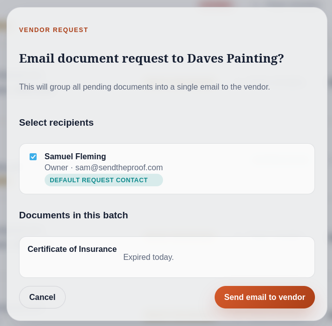 Vendor detail page showing the Send upload link button and generated upload URL with copy action