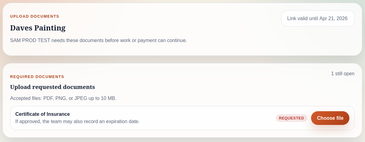 No-login vendor portal on mobile showing document checklist and upload button with no account or login required