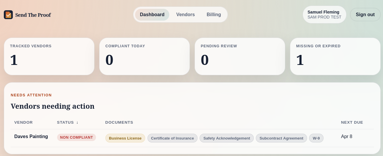 Compliance dashboard showing vendor rows with color-coded Compliant, Expiring Soon, and Missing status chips and COI expiration dates