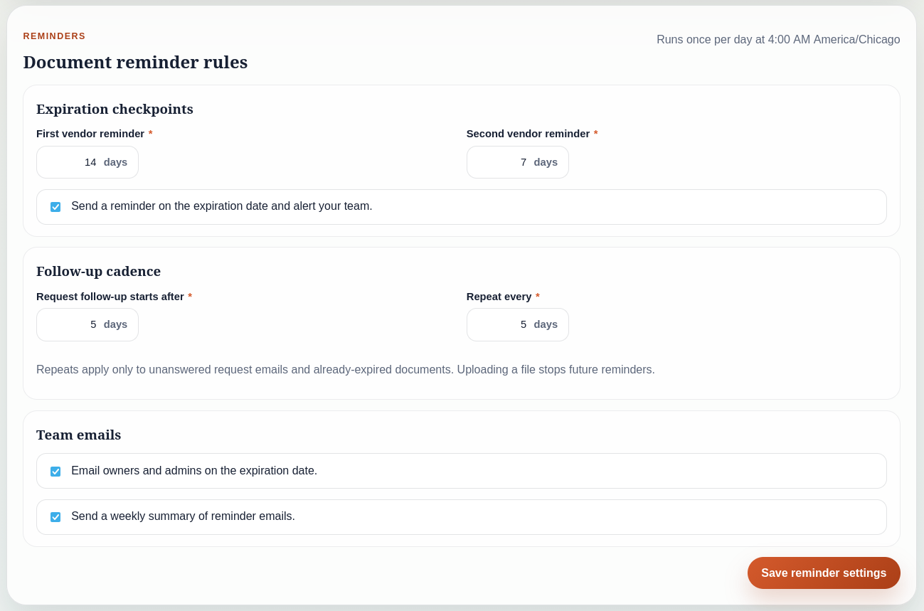 Reminder settings panel showing scheduled reminder rules with toggle controls for automated vendor follow-up